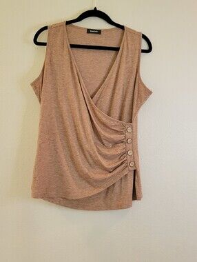 Easy Gala Tan Sleeveless Wrap-Front Tank Top With Wood Look Buttons. Length 26"